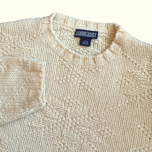 VTG 80s 90s Lands’ End Fisherman Wool Crewneck Sweater Ivory Snowflake USA Large